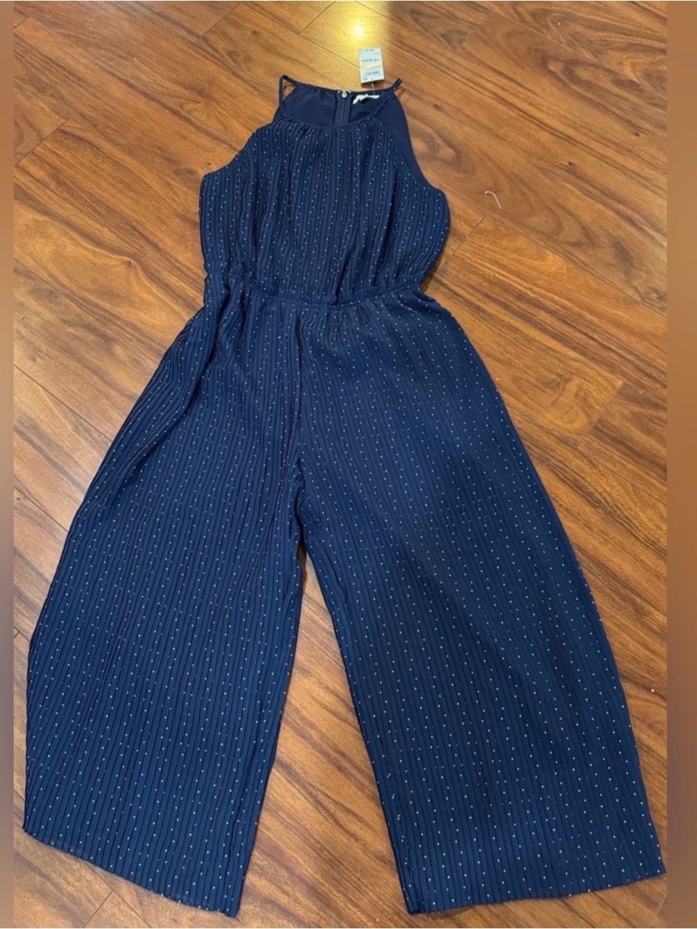 NWT Maison Jules Navy Polka-Dot Halter Wide-Leg Jumpsuit